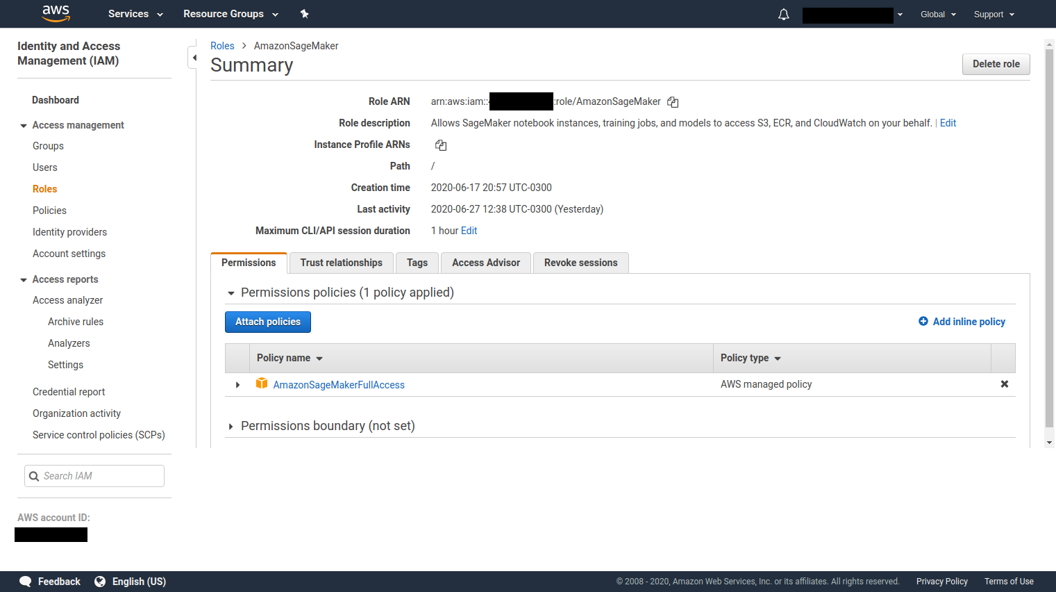 alt-AWS IAM console - SageMaker role setup.