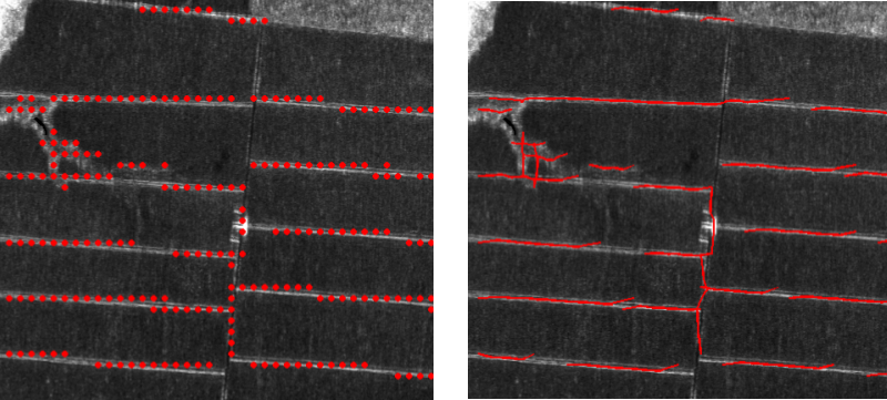 alt-SAR image and the starting-points before and after Snakes.